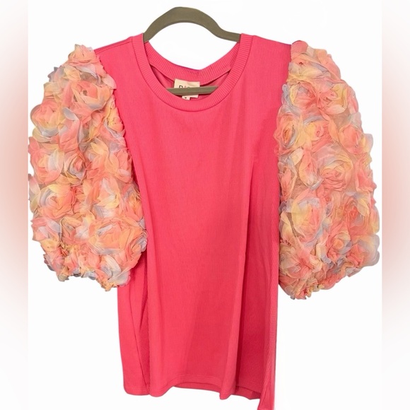 BiBi Pink Ribbed Knit Top Floral Puff Sleeves Mesh Tulle Coquette Kidcore M NWT - Picture 2 of 3